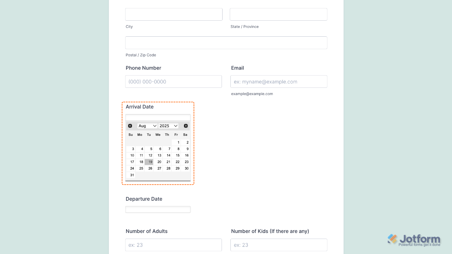 Form preview showing Mini Date Picker widget with pop-up calendar for quick and easy date selection