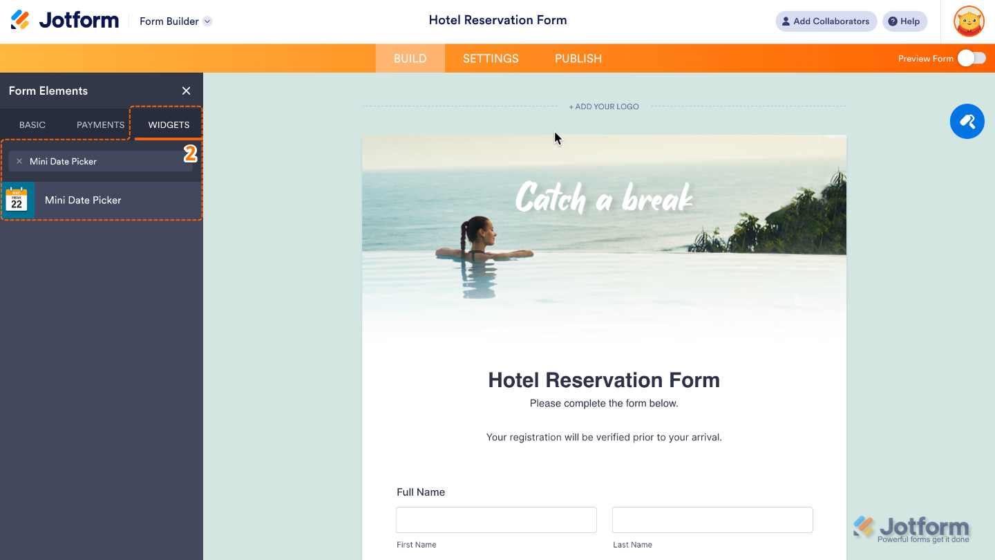 Form Elements menu under the Widgets tab showing Mini Date Picker widget being searched and selected