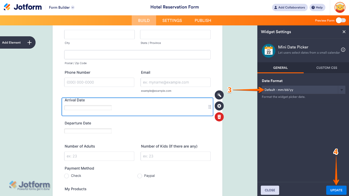Configuring Mini Date Picker widget in Jotform to set how the selected date will be displayed