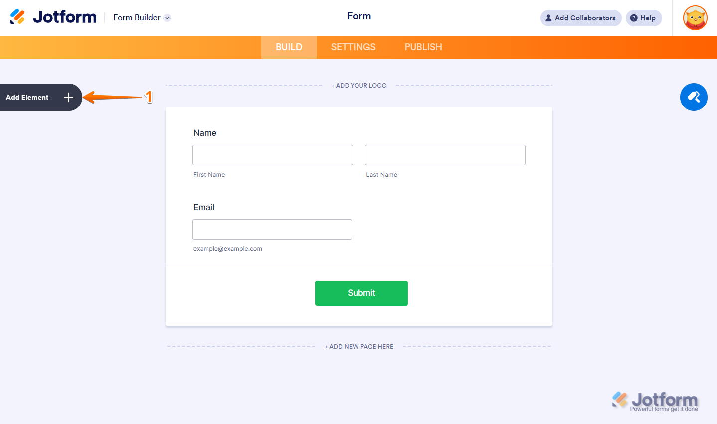 Add Element button on the left side of Jotform Form Builder
