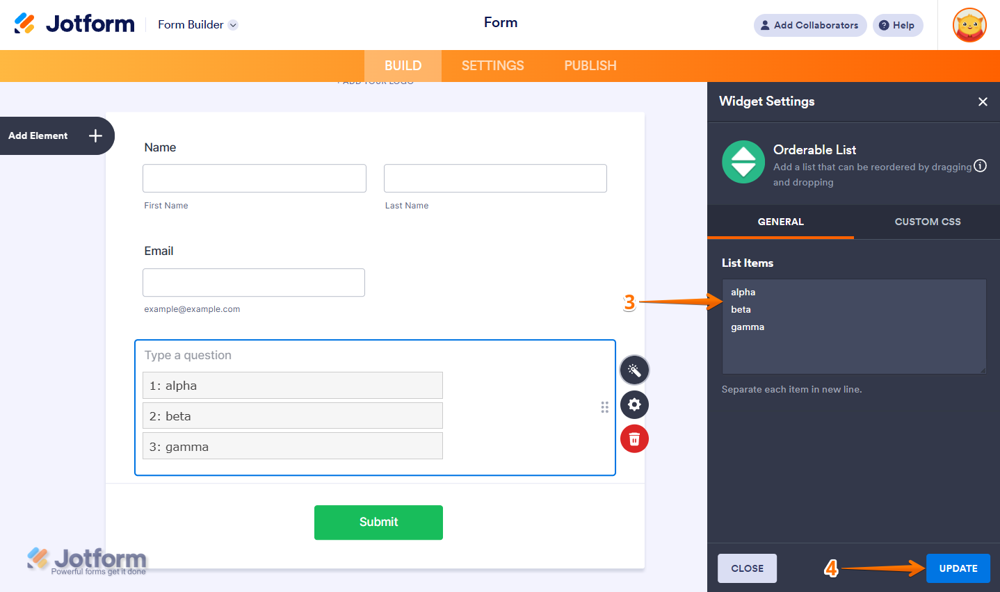 List Items in the General tab of the Orderable Widget Settings