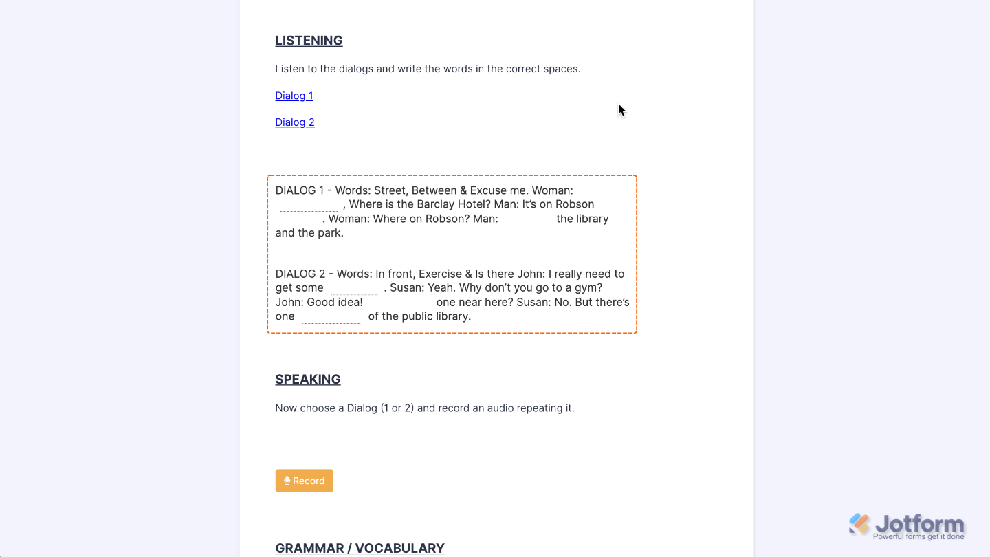 Form preview showing Passage Test widget with customizable blanks and automatic pass or fail setup