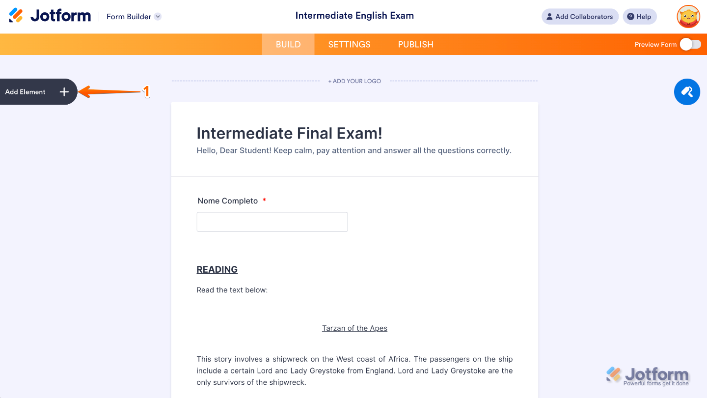 Form Builder interface highlighting the Add Element button on the left sidebar