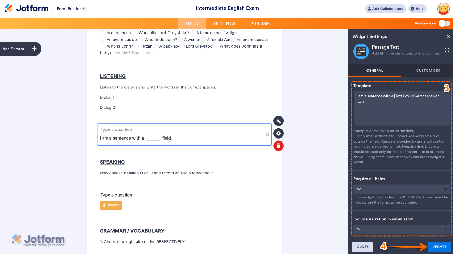 Configuring the Passage Test widget by setting the passage template format, enabling required fields, and choosing submission narration display