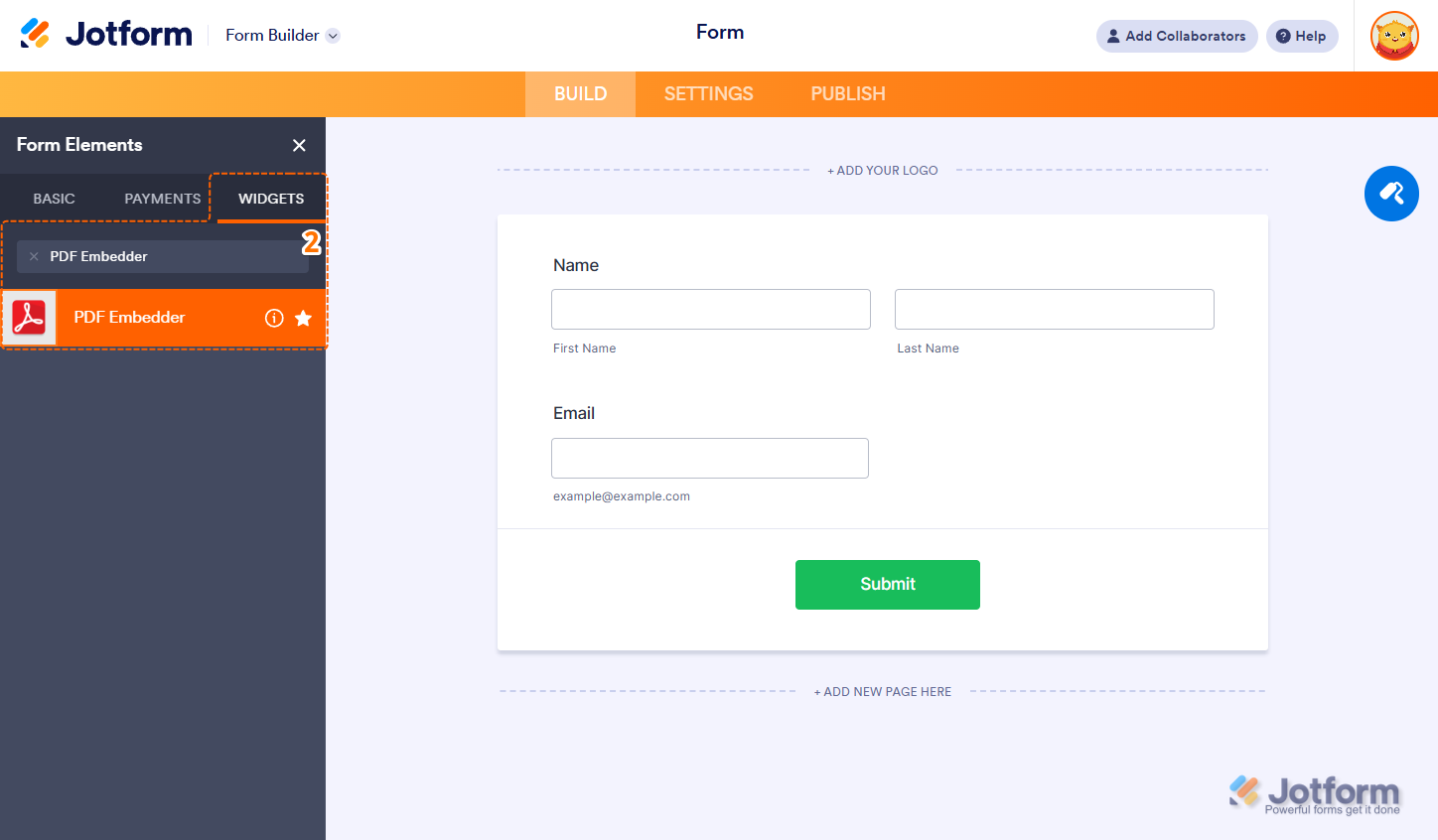 PDF Embedder widget in the Widgets tab of the Jotform Form Builder