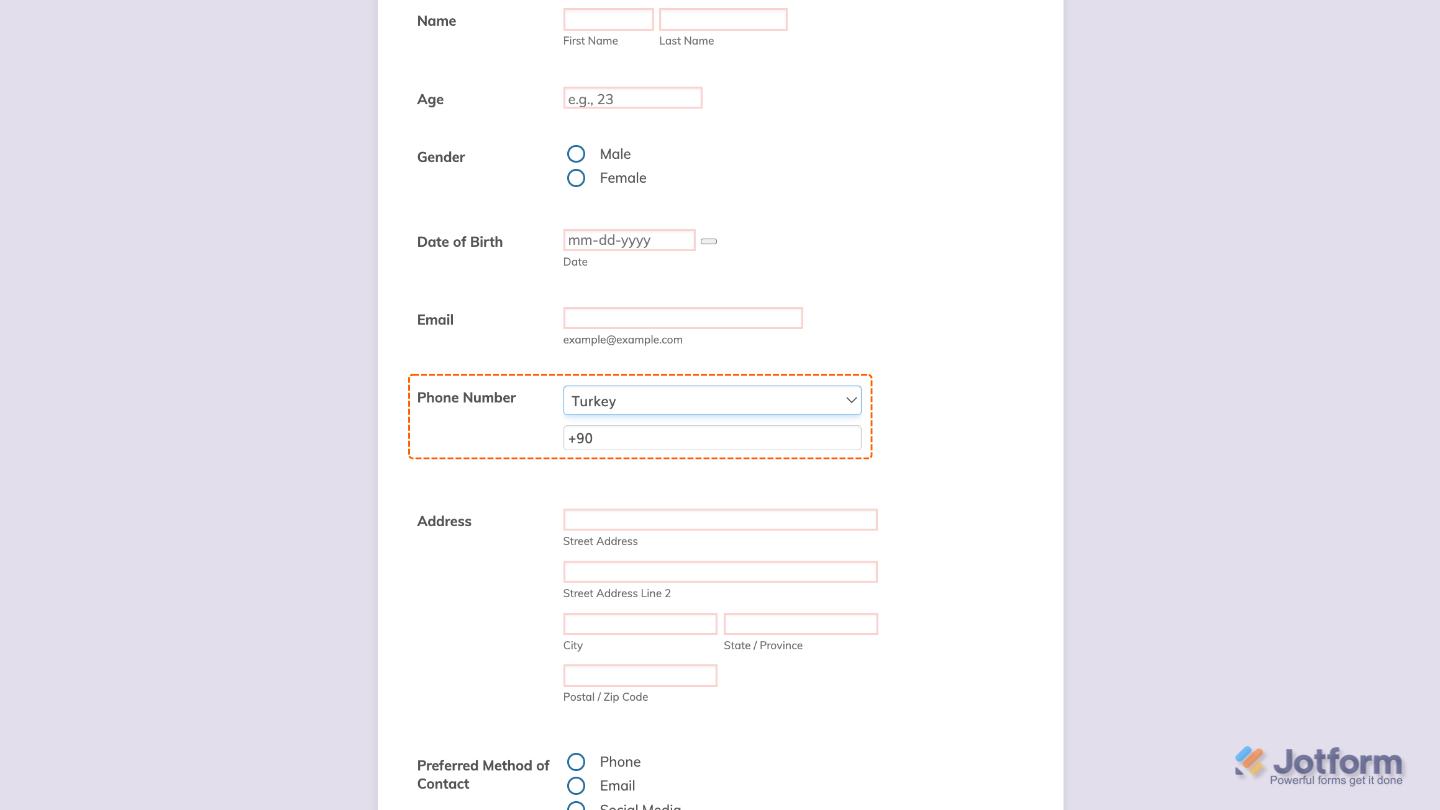 Form preview showing Phone Picker widget with country dropdown and auto-filled international dialing code