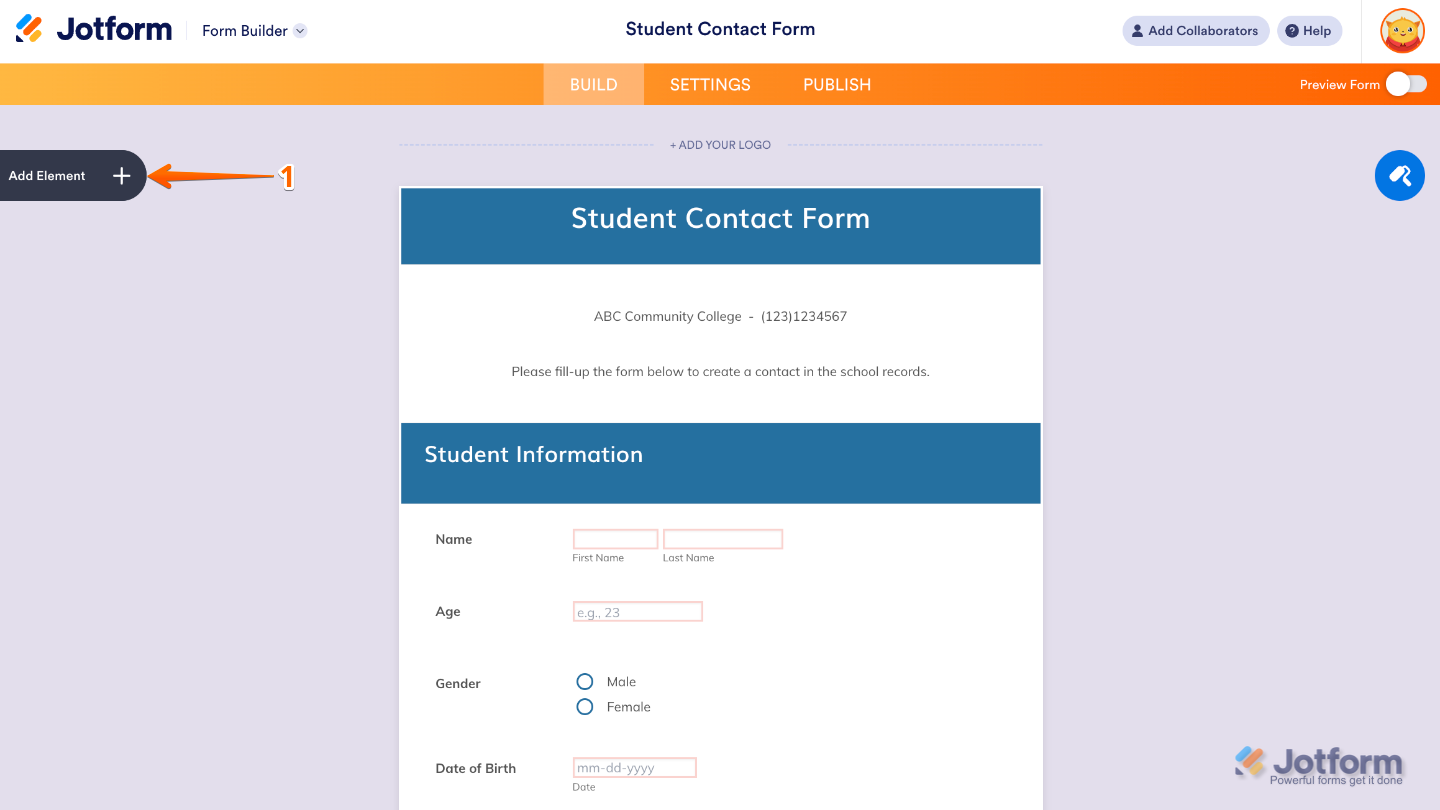 Form Builder interface highlighting the Add Element button on the left sidebar