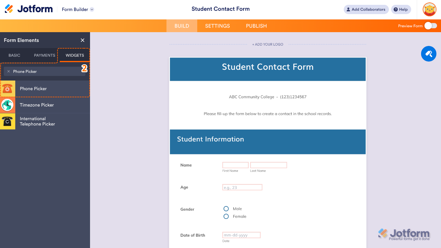 Form Elements menu under Widgets tab showing Phone Picker widget being searched and selected