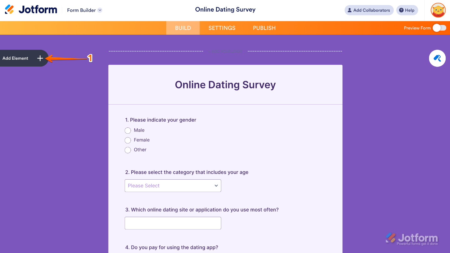 Form Builder interface highlighting the Add Element button on the left panel for adding new fields and widgets
