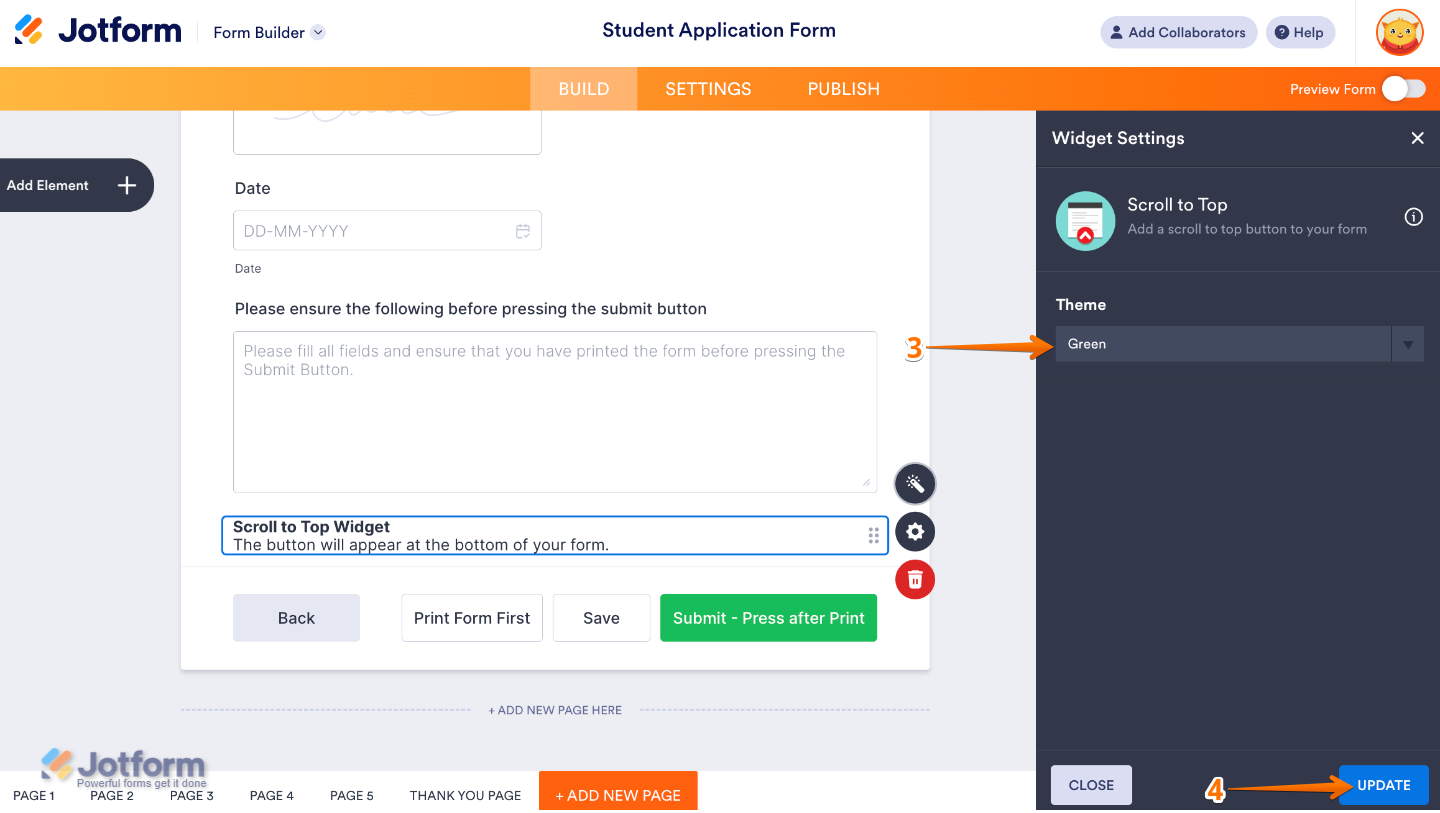 Form with the Scroll to Top widget added, allowing users to quickly return to the top of the form with one click