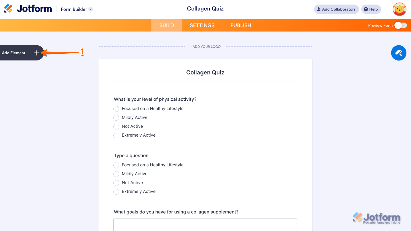 Form Builder interface highlighting the Add Element button on the left panel used to add new fields to a form