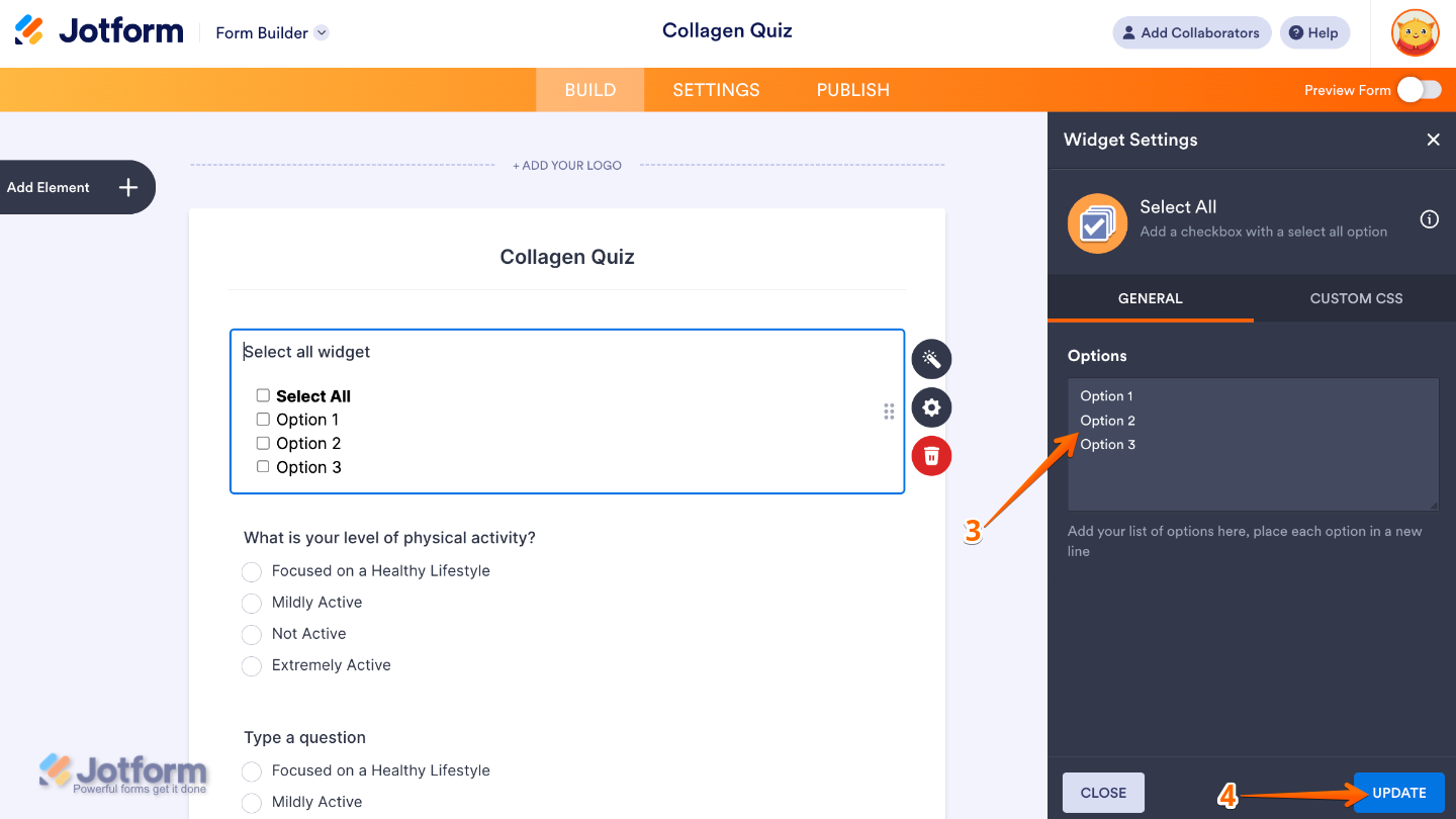 Select All widget settings panel showing how to add options for checkboxes, with a built-in “select all” feature for users