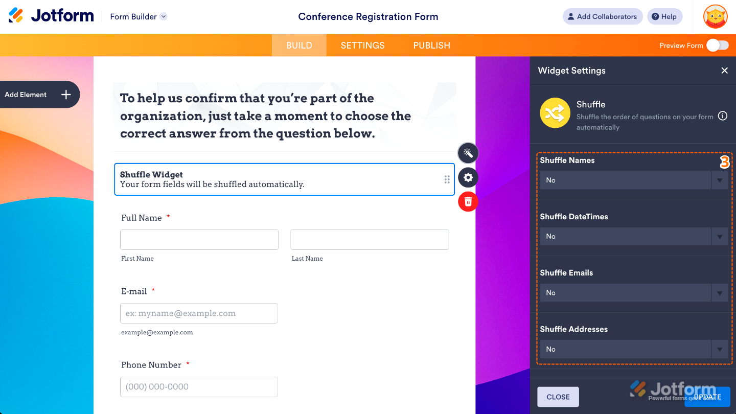 Shuffle widget settings panel open on the right side, ready for configuring shuffle options