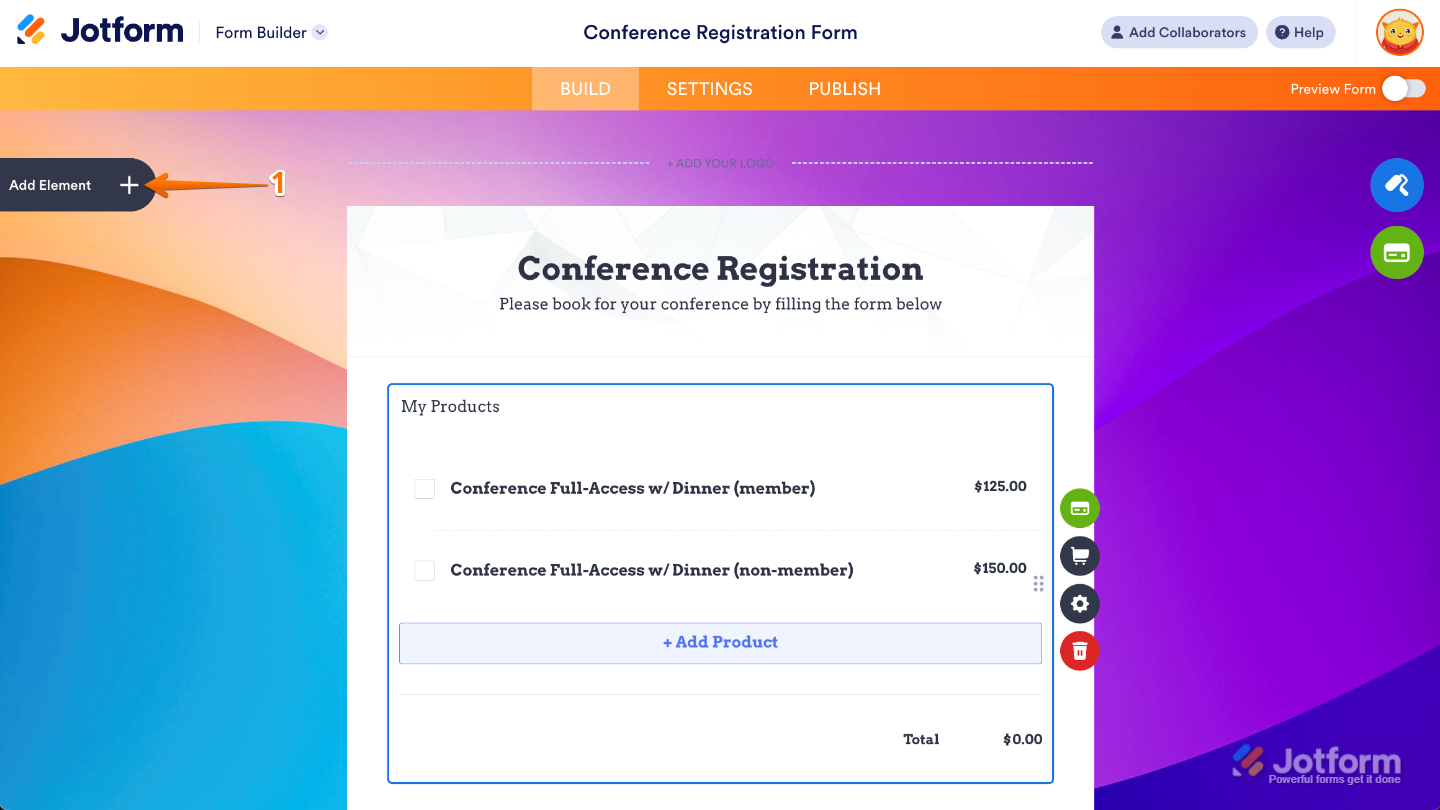 Form Builder interface highlighting the Add Element button on the left panel to add new fields and widgets