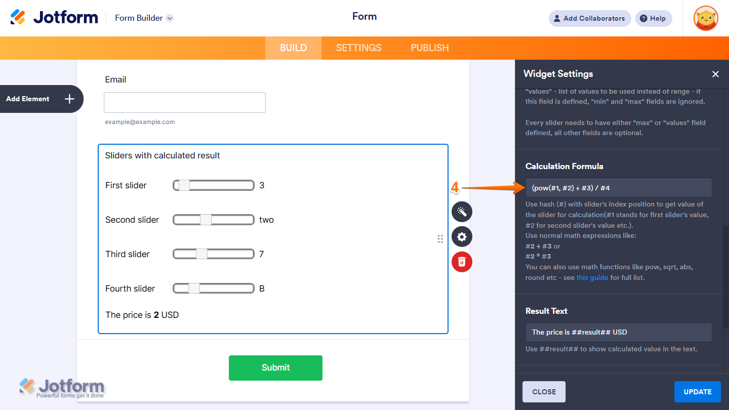Calculation Formula box in the Sliders with Calculated widget settings