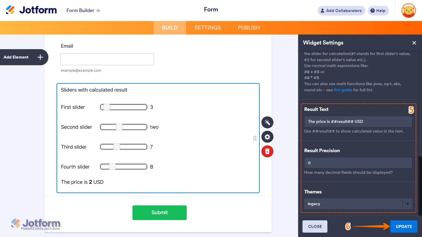 Result Text, Result Precision, and Themes options in the Sliders with Calculated Result widget settings