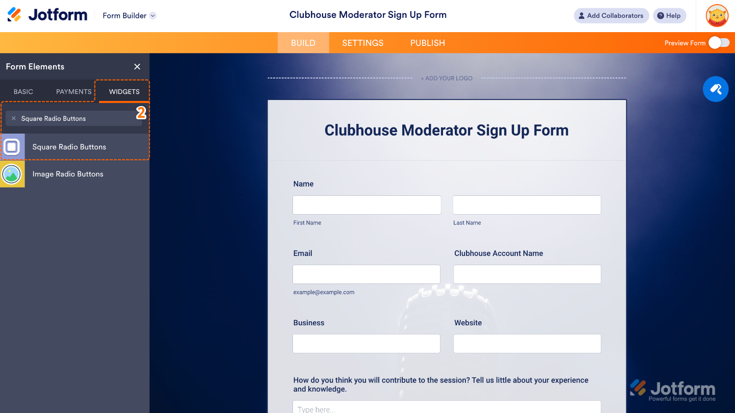 Form Elements panel under the Widgets tab showing the Square Radio Buttons widget being searched and added to a form