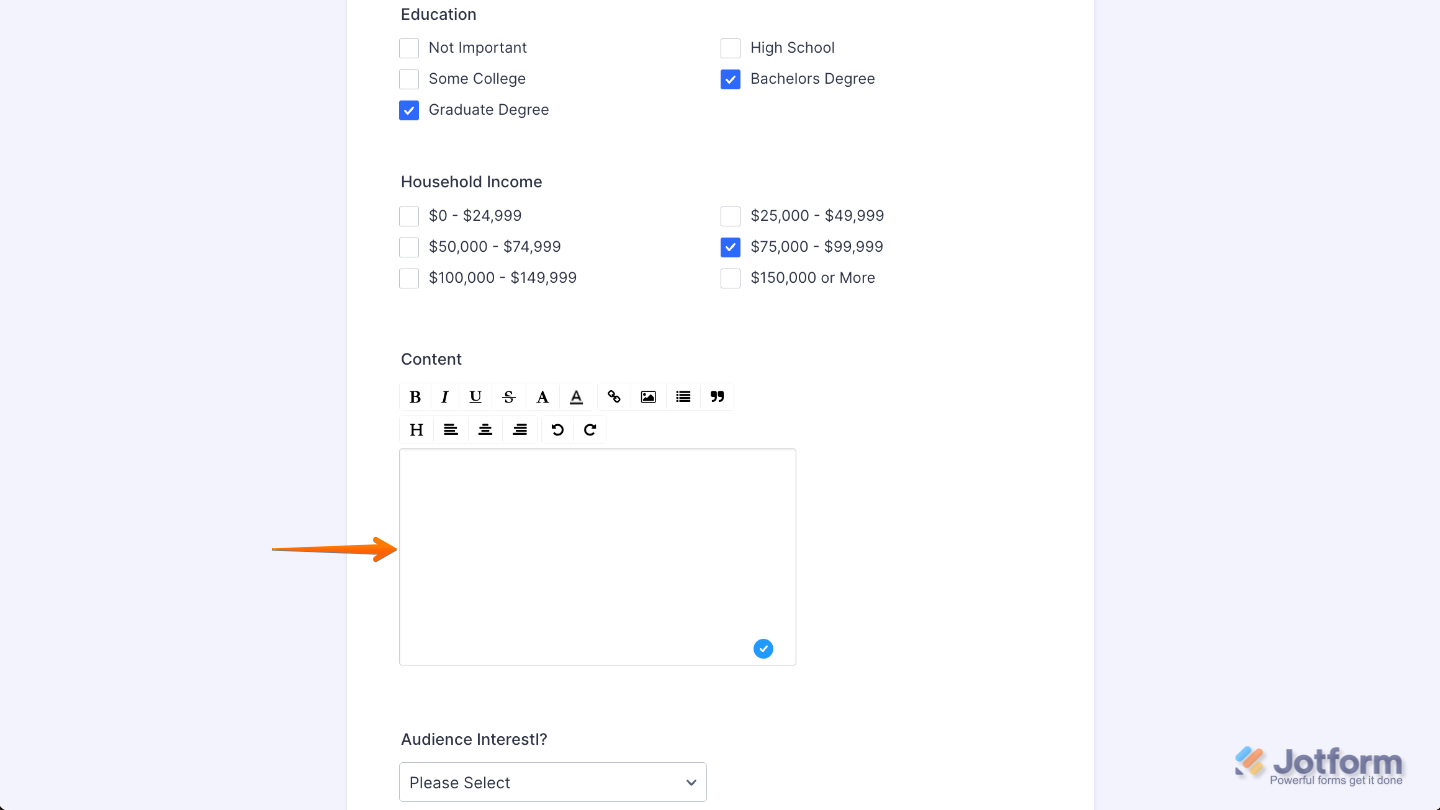Form with the Squire Editor widget added, allowing users to create rich, formatted text within the form