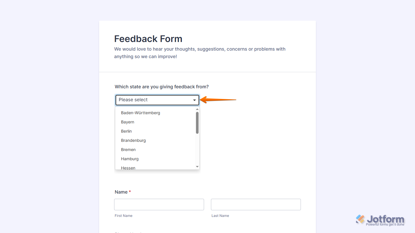 States of Germany widget on a Jotform form