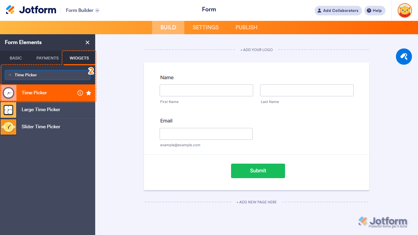 Time Picker in the Widgets tab of the Jotform Form Builder