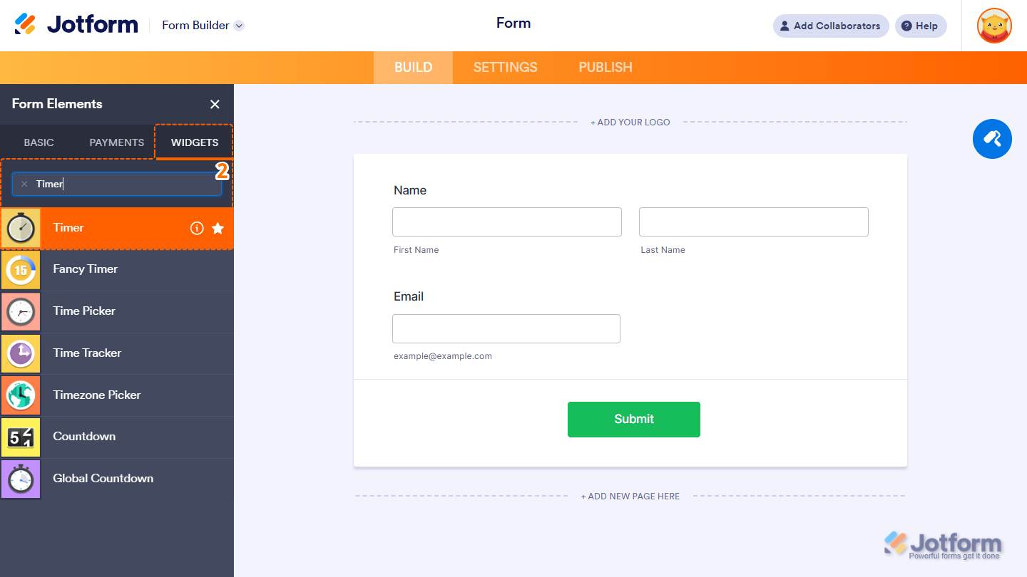 Timer in the Widgets tab of the Jotform Form Builder