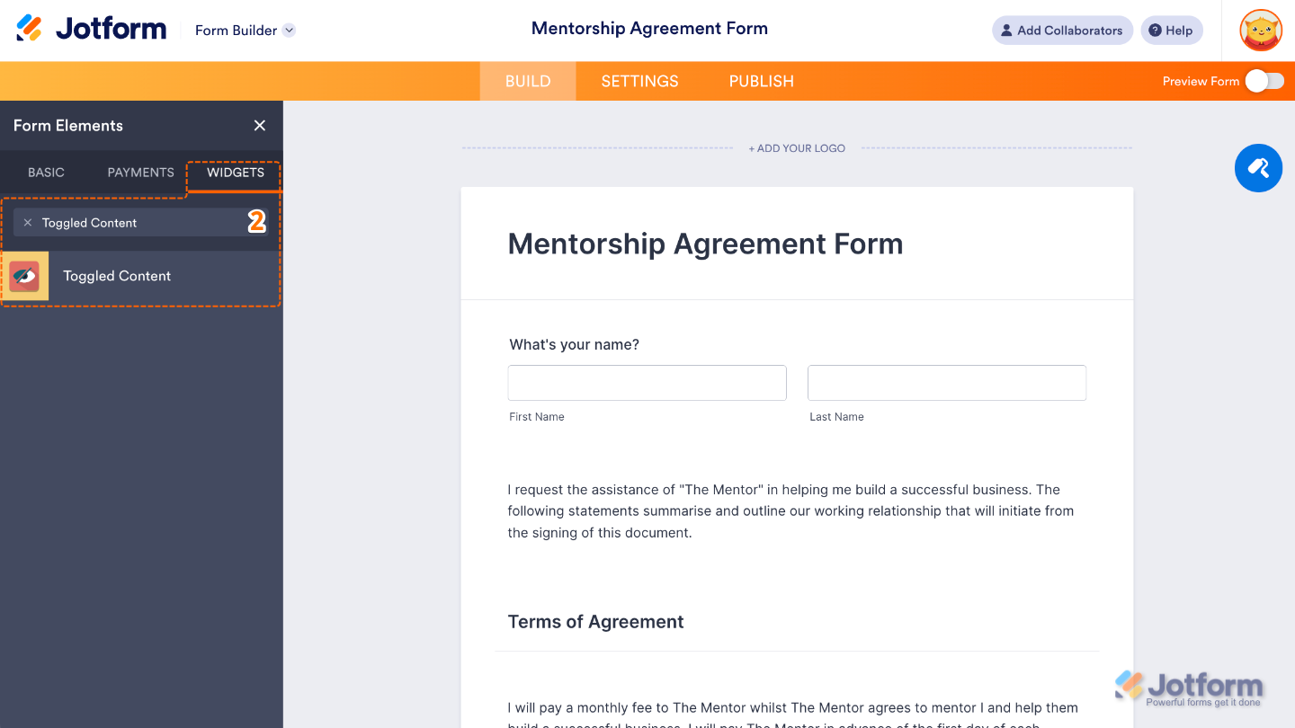 Form Elements menu under Widgets tab showing Toggled Content widget being searched and selected