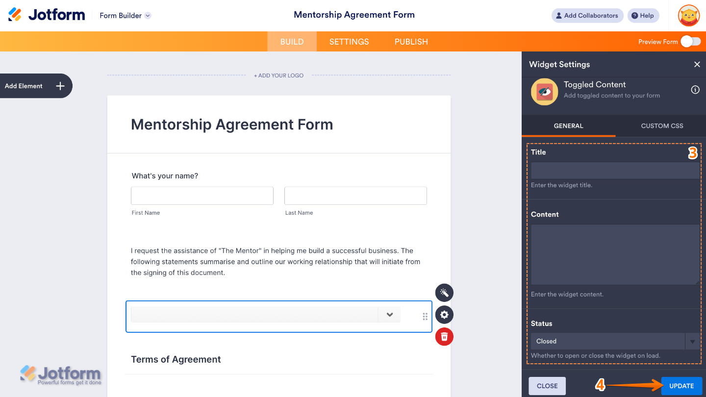 Configuring the Toggled Content widget by adding a clickable title, inserting content, and choosing open or closed status