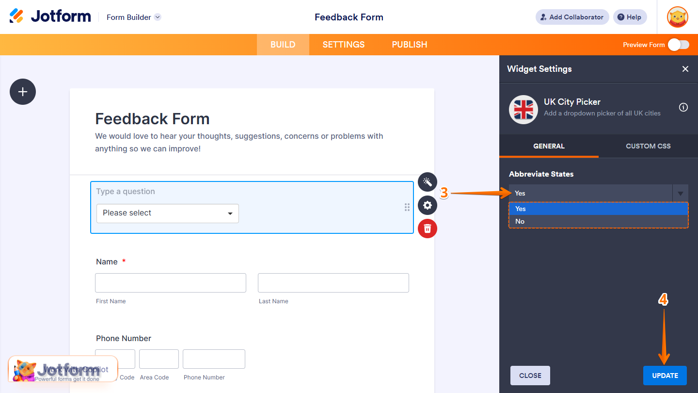 UK City Picker Widget Settings in Jotform Form Builder
