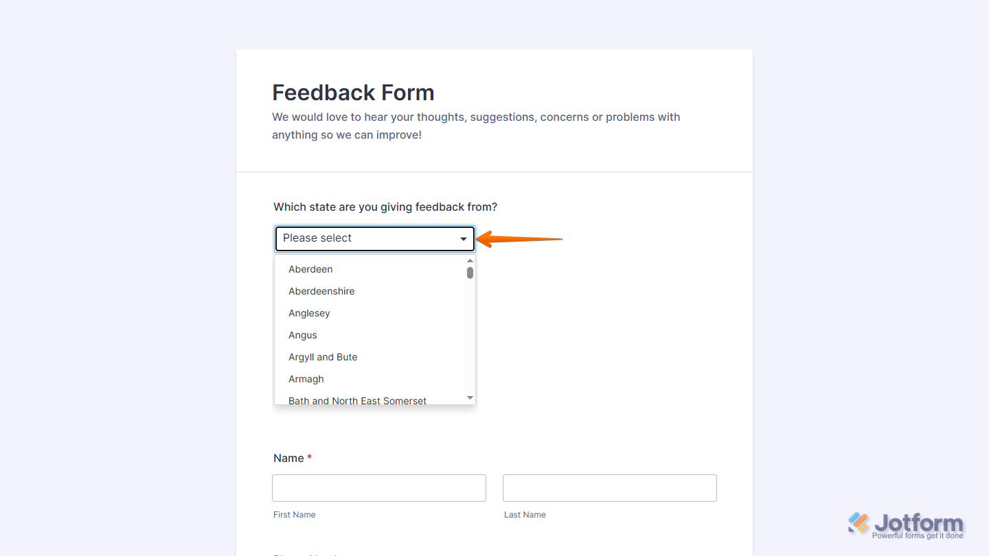 UK City Picker widget on a Jotform form