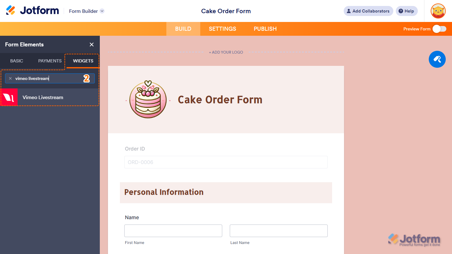 * element under the Widgets tab of the Form Elements menu in Jotform Form Builder