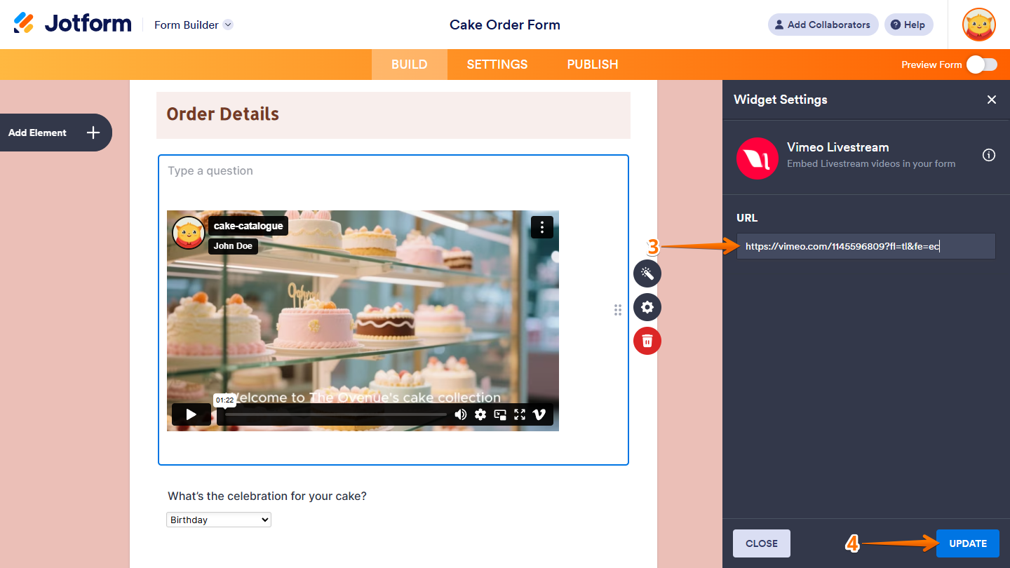Vimeo Livestream Widget Settings in Jotform Form Builder