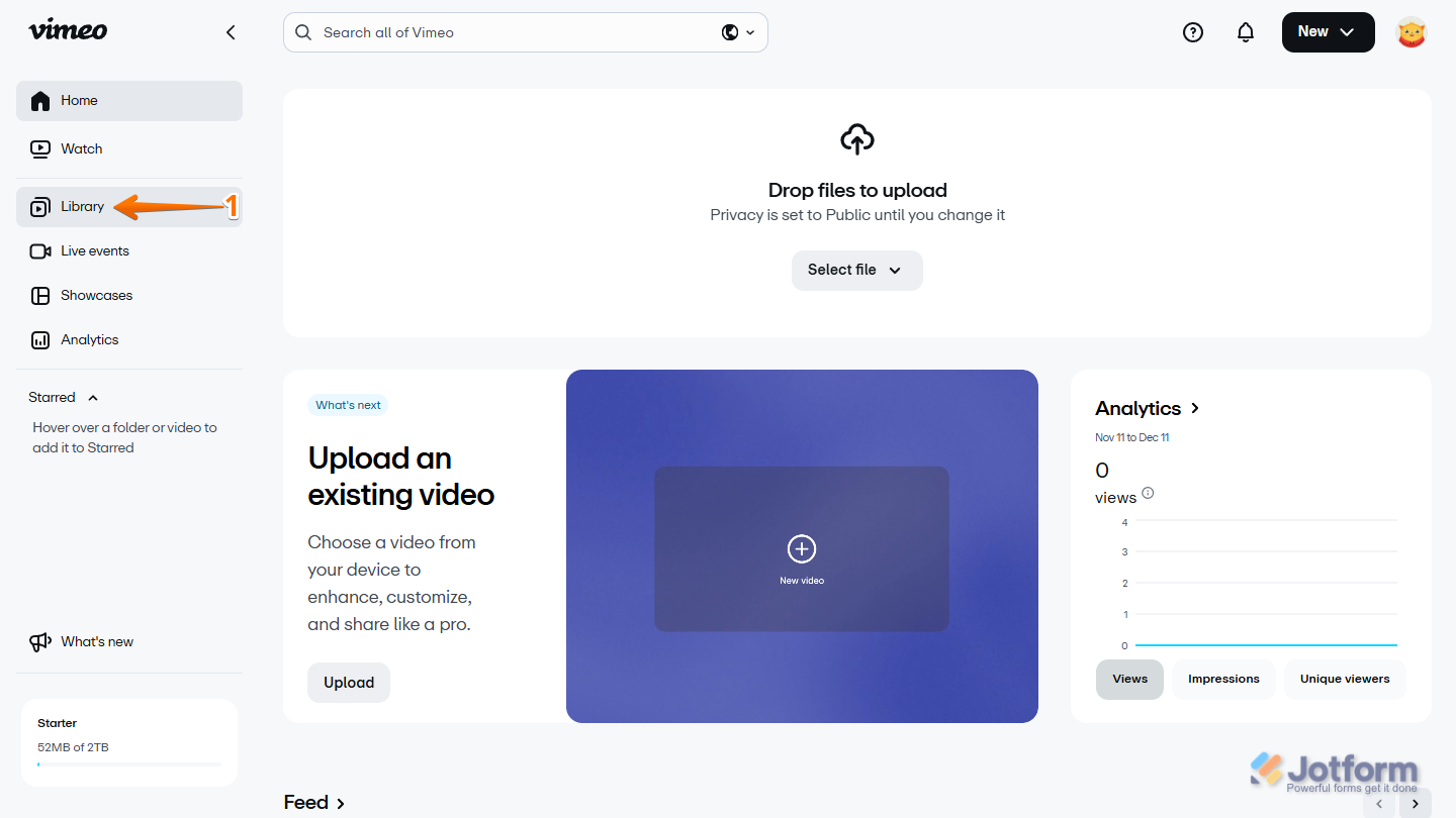 Library menu on the Vimeo Account Home page