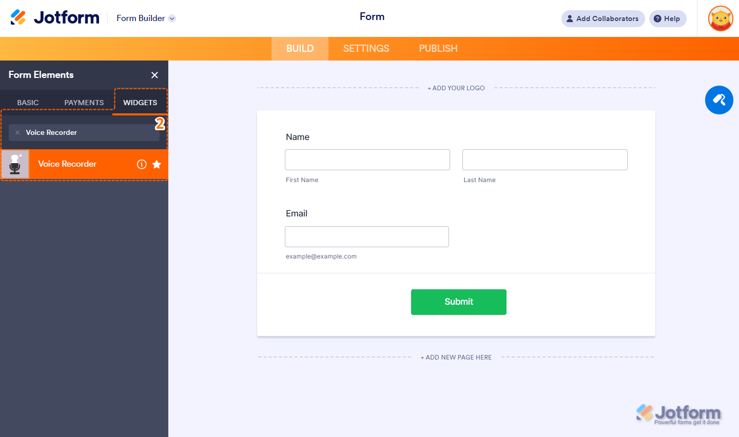 Voice Recorder in the Widgets tab of the Jotform Form Builder