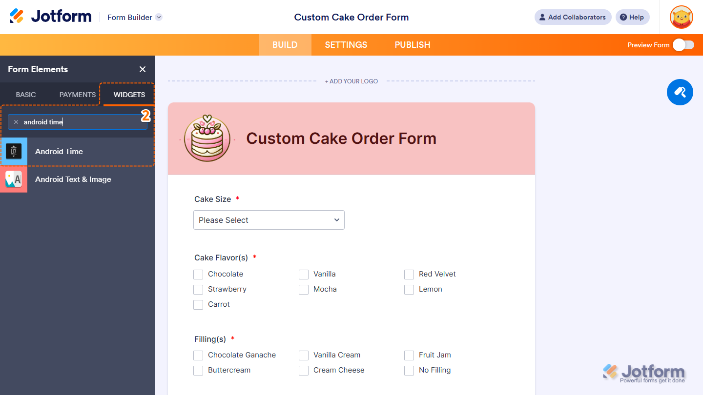 Android Time element under the Widgets tab of the Form Elements menu in Jotform Form Builder