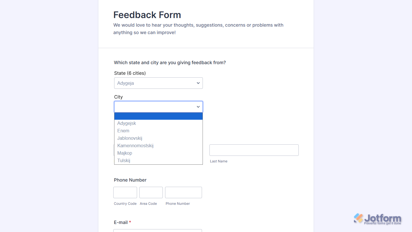 Cities of Indonesia Widget on a Jotform form