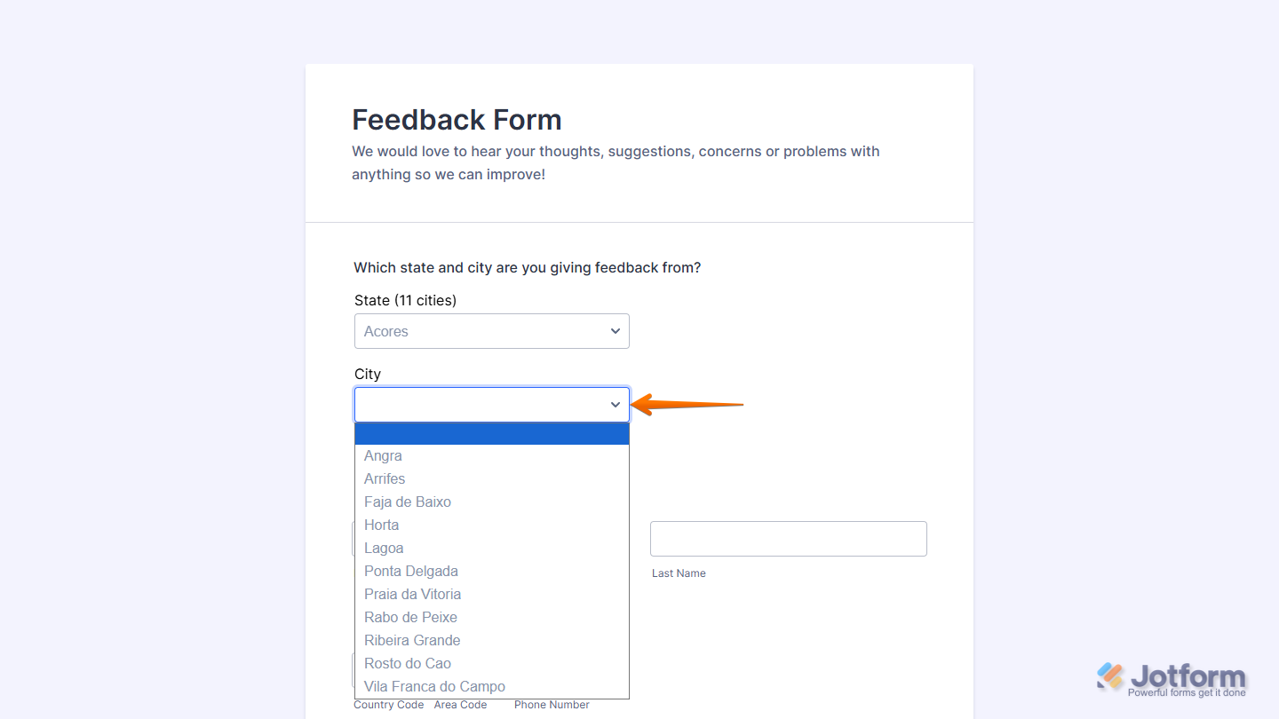 Cities of Portugal Widget on a Jotform form