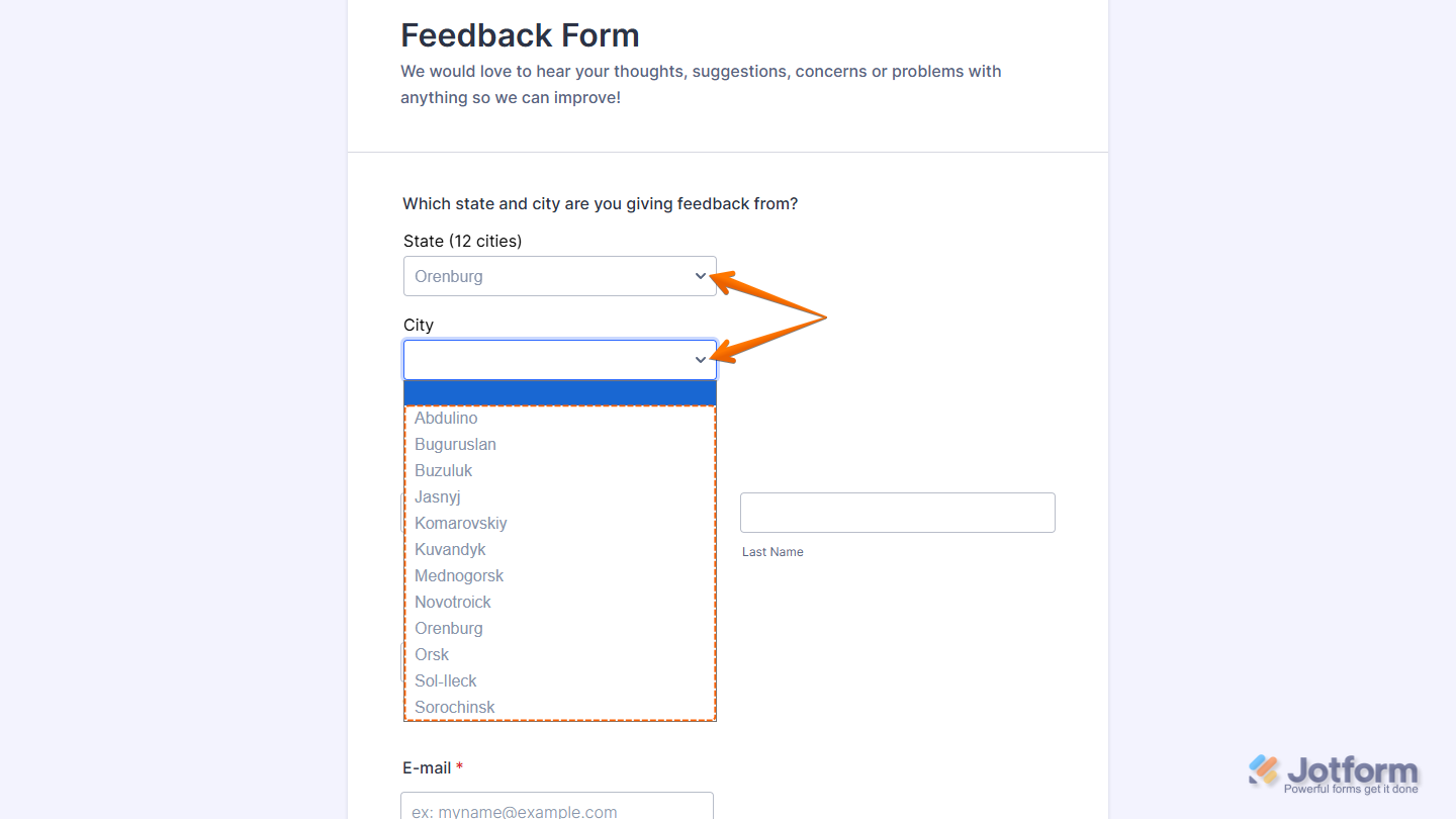 Cities of Russia Widget on a Jotform form