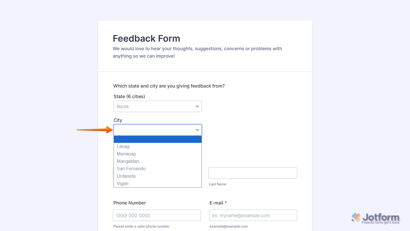 Provinces of Philippines Widget on a Jotform form