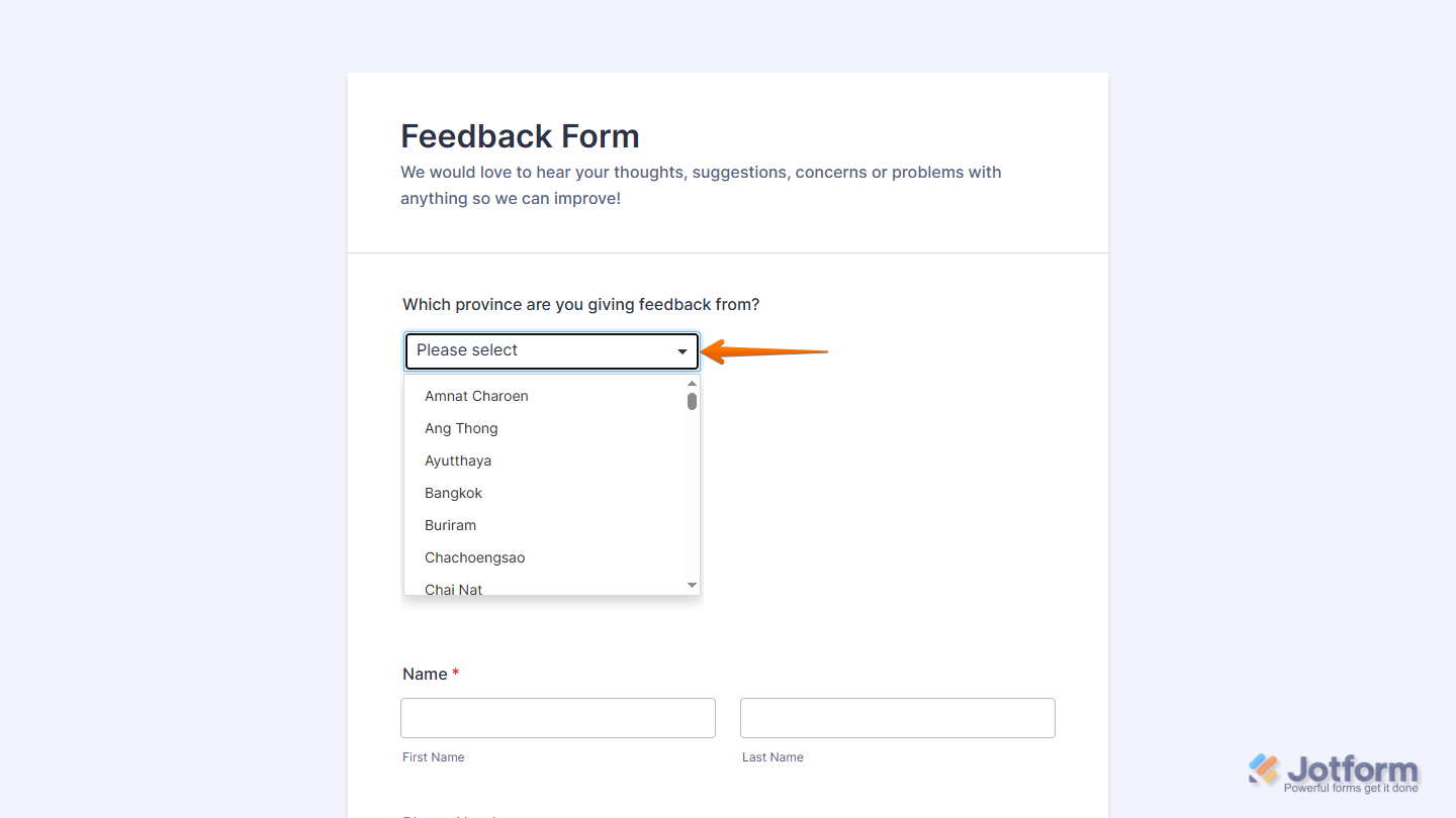 Provinces of Thailand Widget on a Jotform form