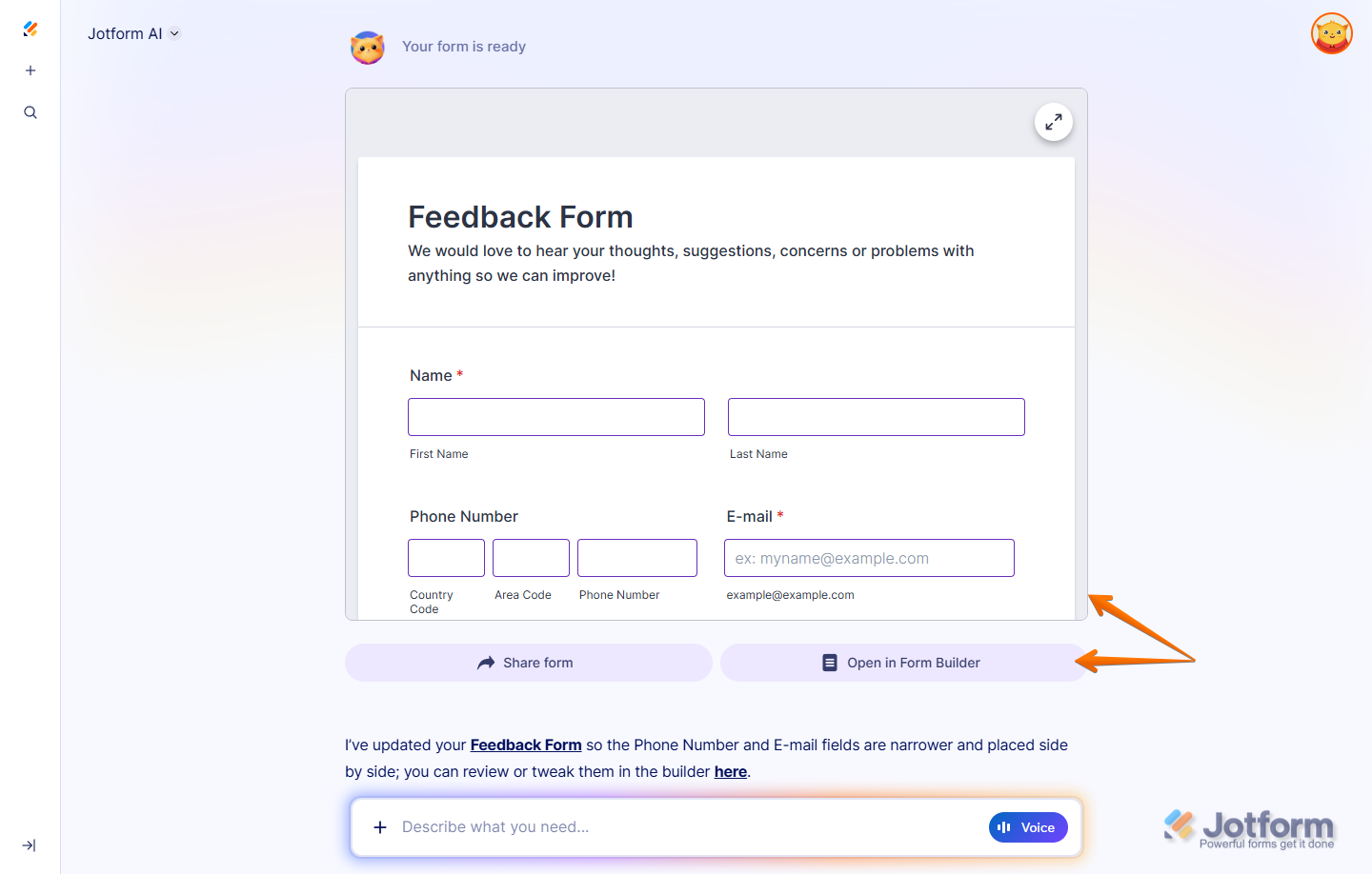 Updated form field position message on the Jotform AI page