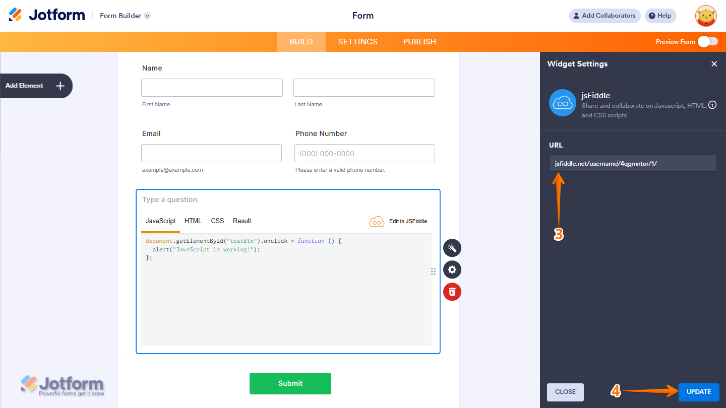 Widget Settings panel showing URL Input field and Update button for JSFiddle widget in Jotform