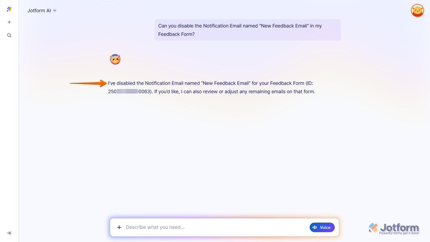 Updated Form Notification Email message on the Jotform AI page