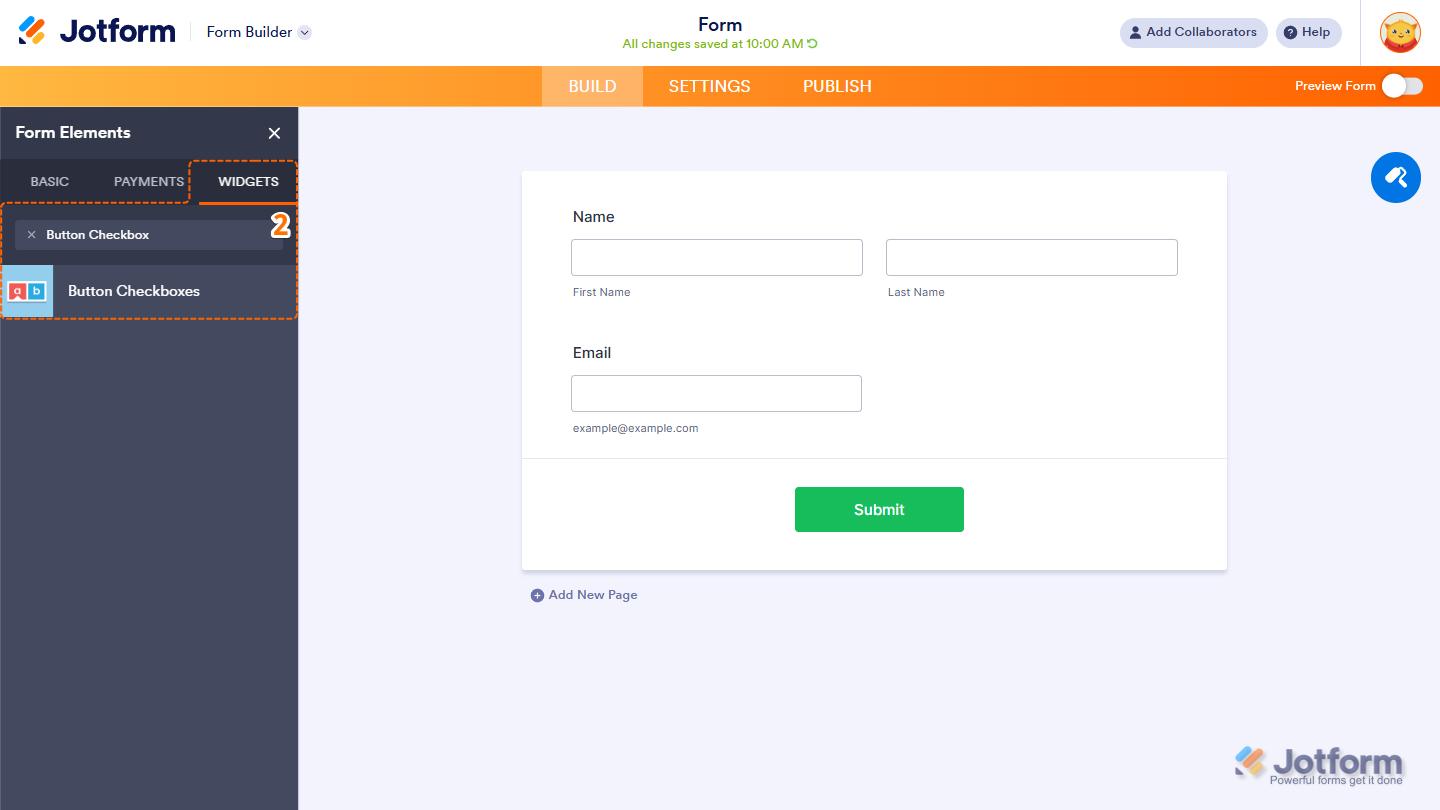 Button Checkboxes in the Widgets tab of the Jotform Form Builder