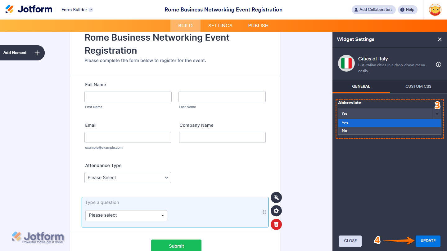 Cities of Italy widget General settings showing Abbreviation dropdown options and Update button in Jotform