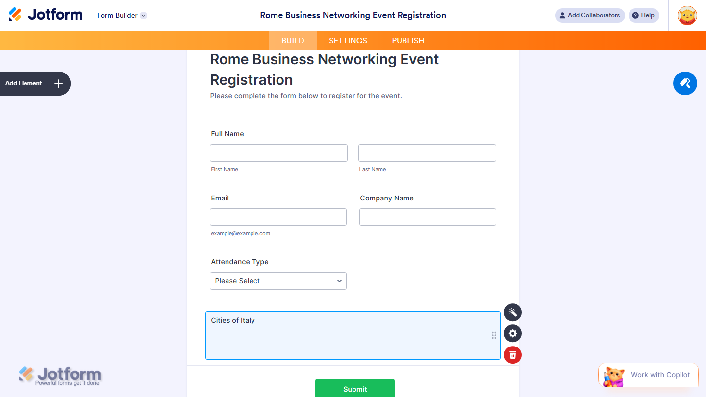Cities of Italy widget successfully added and configured on a Jotform form