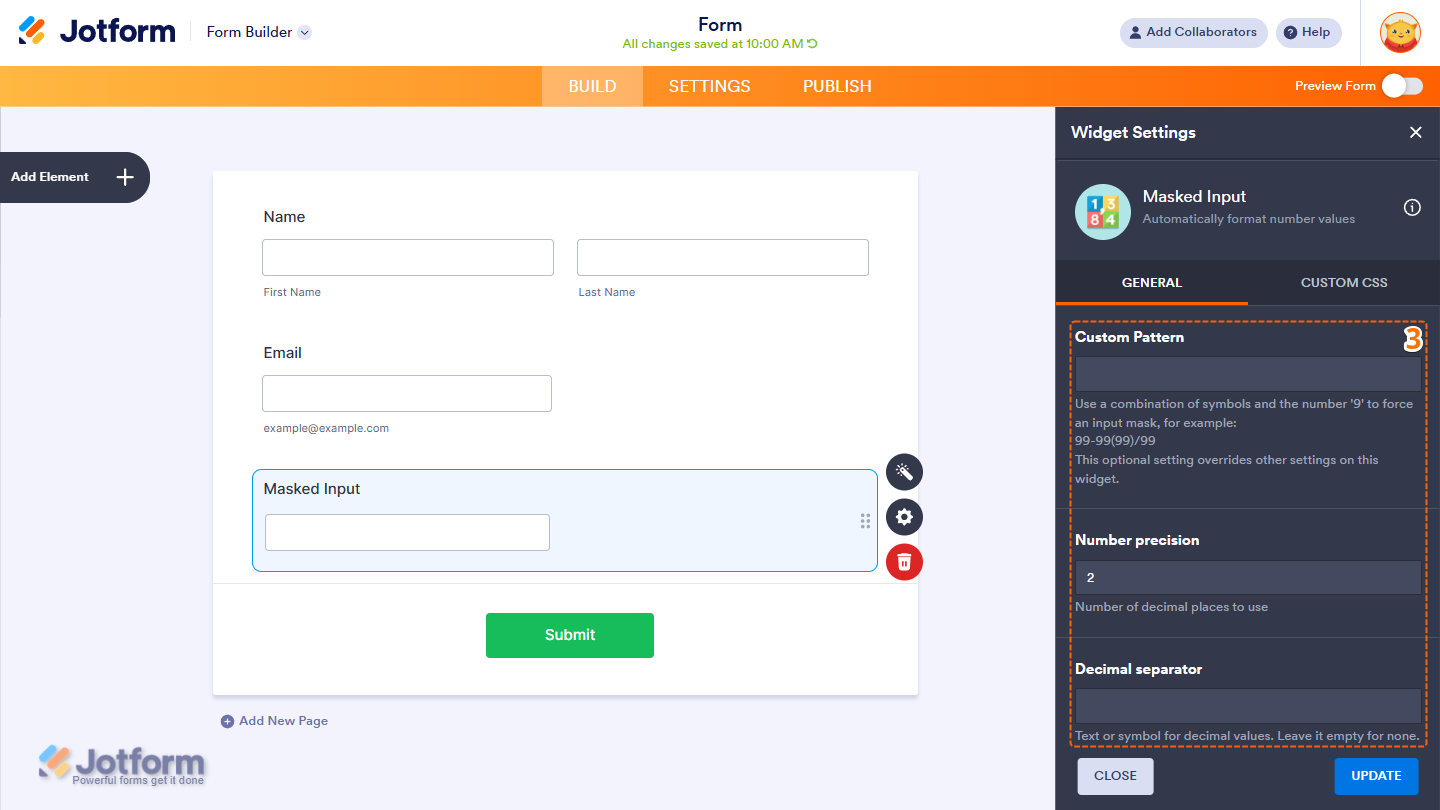 Custom Pattern, Number Precision, and Decimal Separator in the Masked Input Widget Settings menu