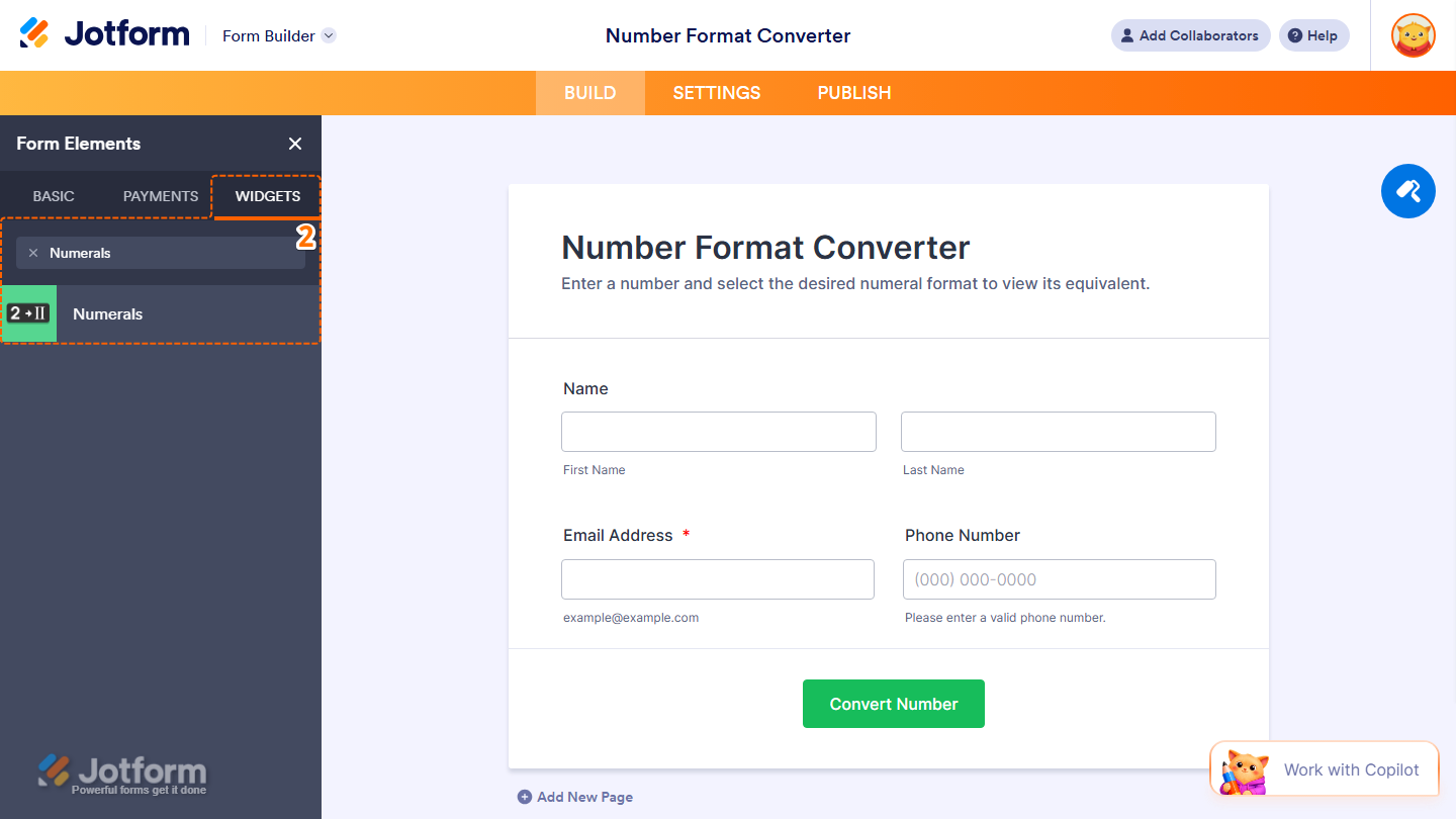 Form Elements Widgets tab showing Numerals widget search and selection in Jotform