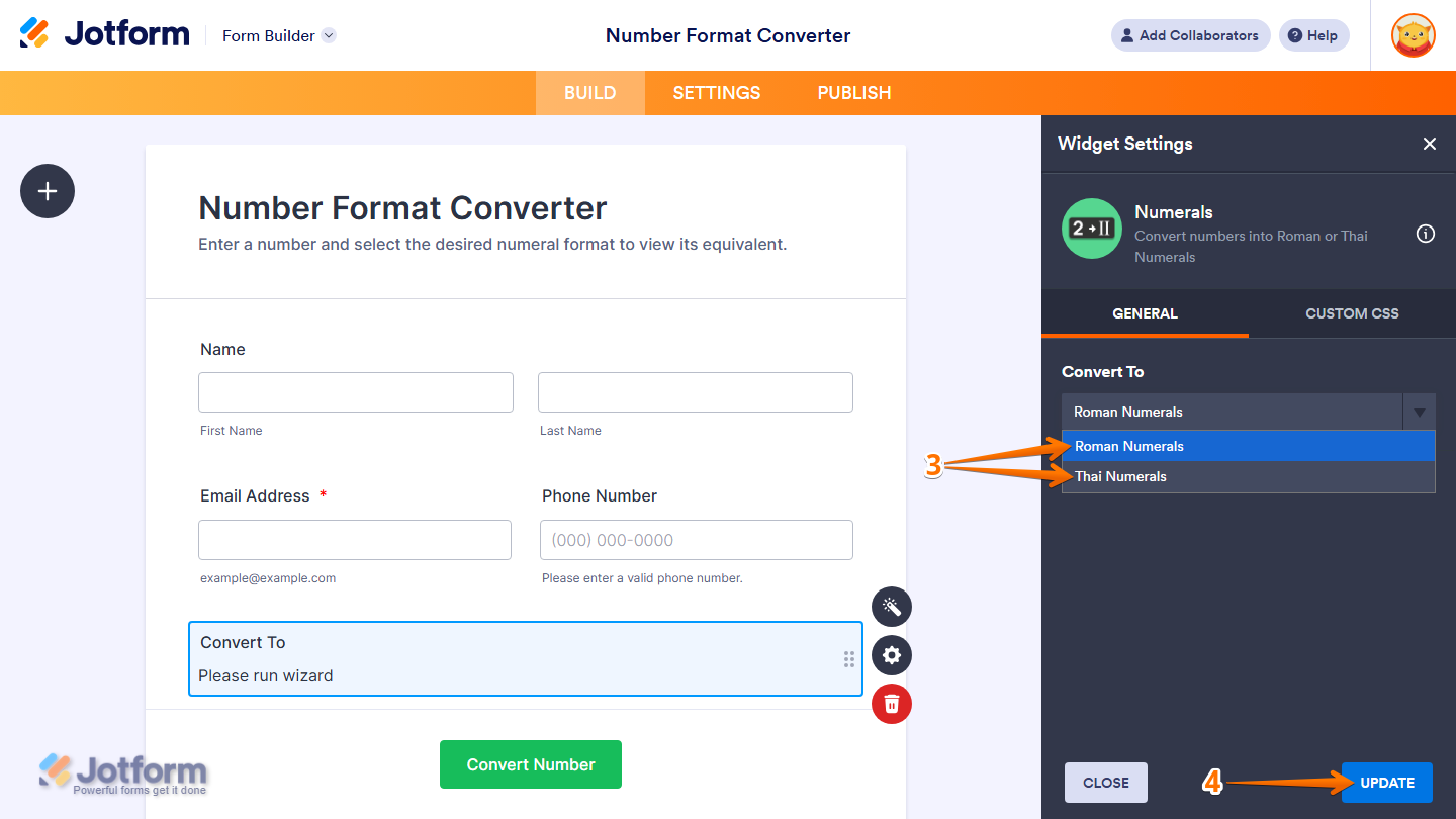 Widget Settings General tab showing Convert To dropdown for numeral format selection in Jotform