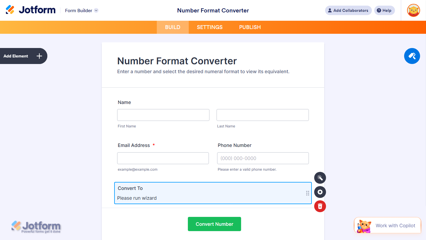 Form Builder showing Numerals widget added to the form in Jotform