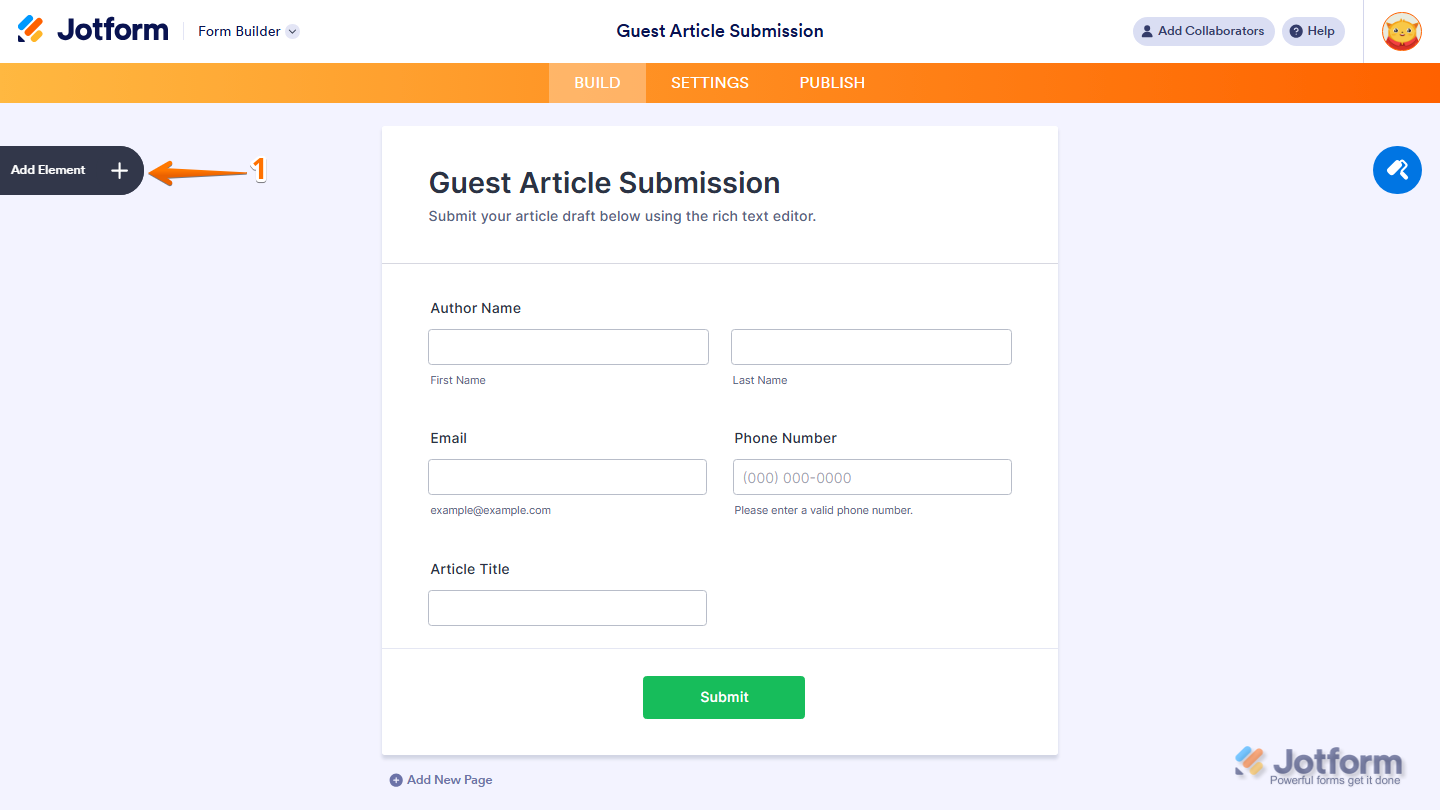 Form Builder Add Element menu in Jotform